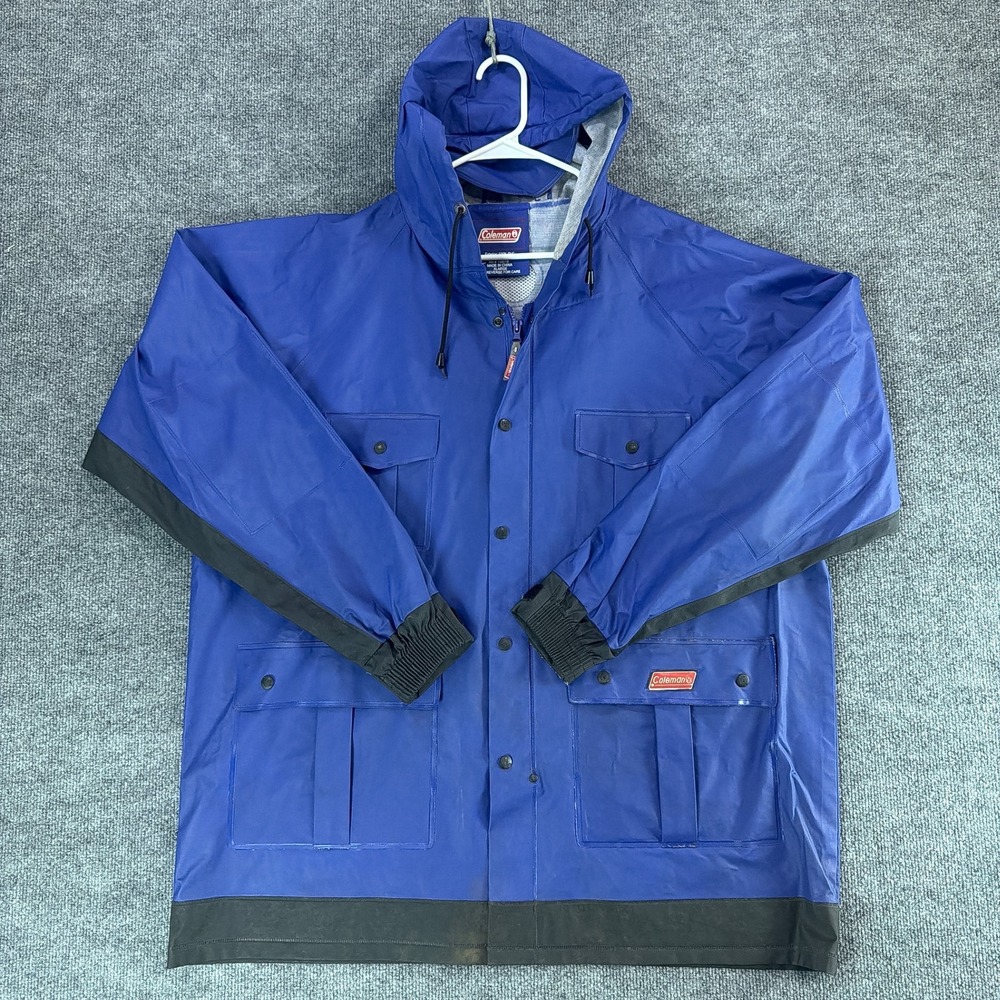 Coleman Mens Blue PVC Rain Jacket Hooded Heavy Duty Utility Parka XL Fishing